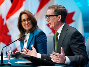 Bank of Canada governor Tiff Macklem and senior deputy governor Carolyn Rogers. Rate cut expectations have shifted to around July.