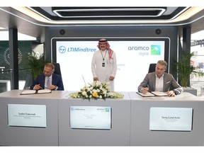 Signing of the shareholders' agreement between LTIMindtree and Aramco Digital. Left to right, Sudhir Chaturvedi, President, and Executive Board Member, LTIMindtree and Tareq Amin, CEO, Aramco Digital.