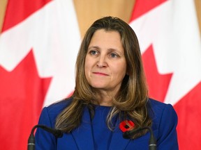 Chrystia Freeland, Canada's deputy prime minister and finance minister, during a news conference in Ottawa, Ontario, Canada, on Friday, Nov. 3, 2023. Freeland is set to meet virtually on Friday with her provincial and territorial counterparts to discuss Alberta's threat to withdraw from the Canada Pension Plan.