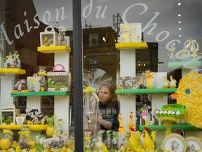 Niaz Mardan places a large luxury handmade Belgian chocolate rabbit in the window display of Sandrine a chocolate shop in south west London, Thursday, March 21, 2024. Niaz Mardan, is suffering due to high cocoa prices, she's making no profits and fears she will have to close the shop that's been around for 25 years (she's the third owner and took over in 2019).