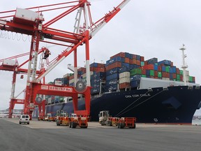A ZPMC crane unloads a ship in the Port of Halifax.