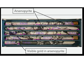 Example of CDH01A drill core annotated with gold grades in g/t. Core tray is 100m to 104.23m