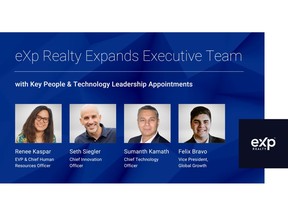 eXp Realty welcomes Renee Kaspar as Executive Vice President and Chief Human Resources Officer. eXp Realty appoints Seth Siegler to Chief Innovation Officer and Sumanth Kamath to Chief Technology Officer to drive technology, innovation and global growth. Felix Bravo named VP, Growth to drive international growth efforts.
