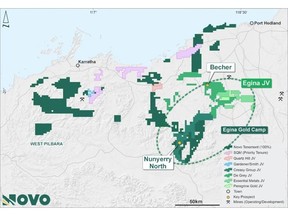 Figure 1: Novo tenure showing priority prospects, joint venture interests and the location of drilling at Nunyerry North and Becher.