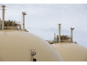 Gas storage tanks sit on-board a liquefied natural gas (LNG) tanker in the U.K.