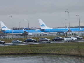 FILE - KLM airplanes sit in Schiphol Airport near Amsterdam, Netherlands, on Jan. 18, 2018. The Dutch government has systematically put the interests of the aviation sector above those of people who live near Schiphol Airport, one of Europe's busiest aviation hubs, a Dutch court ruled Wednesday, saying that the treatment of local residents amounts to a breach of Europe's human rights convention.