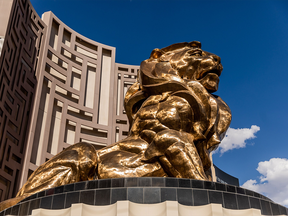 A lion statue stands in front of the MGM Grand Hotel in Las Vegas