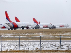 A fleet of grounded Lynx Air aircraft at the International Calgary Airport in Calgary.