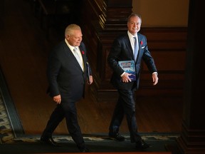 Peter Bethlenfalvy, Ontario's Minister of Finance, right, walks with Premier Doug Ford at Queen's Park in Toronto.