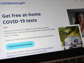 FILE - A United States government website is displayed on a computer, Wednesday, Jan. 19, 2022, in Walpole, Mass., that features a page where people can order free, at-home COVID-19 tests. The U.S. government is suspending mail orders for free COVID-19 tests, Friday, March 8, 2024.