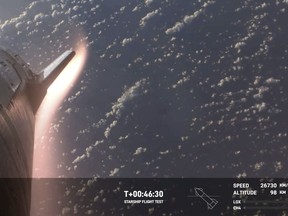 In this image from video provided by SpaceX, the company's Starship re-enters the Earth's atmosphere on Thursday, March 14, 2024. SpaceX came close to completing an hourlong test flight of its mega rocket on its third try Thursday, but the spacecraft was lost as it descended back to Earth. (SpaceX via AP)