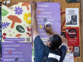 A man places a poster for psychedelics in Toronto.