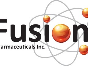 A Fusion Pharmaceuticals Inc. logo is shown in a handout. The Canadian cancer treatment developer has signed a deal to be bought by AstraZeneca in an agreement valued at up to US$2.4 billion.