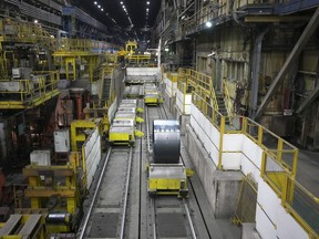 A view of the production line at ArcelorMittal Dofasco, a manufacturer of hot rolled steel coils, is shown in Hamilton, Ont. on Thursday, Oct. 13, 2022. Statistics Canada says manufacturing sales rose 0.2 per cent to $71.1 billion in January, as higher sales in transportation equipment and chemicals edged upward.THE CANADIAN PRESS/Nathan Denette