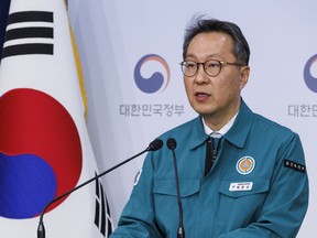 South Korean Vice Health Minister Park Min-soo speaks during a briefing at the government complex in Seoul, South Korea, Thursday, March 21, 2024. South Korea's government will start suspending the licenses of striking junior doctors next week as they refuse to end their weekslong walkouts that burdened the country's medical services, officials said Thursday.