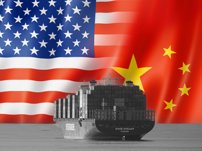 Containship on sea with US/China flag background