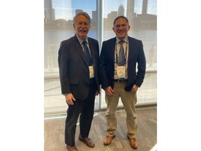 Stellarex Co-Founder and Chief Technology Officer, Dr. Michael Zarnstorff, and CNL's Head of Hydrogen and Tritium Technologies Directorate, Dr. Ian Castillo, celebrate the signing of an MOU that provides a framework for Stellarex and CNL to collaborate on fusion research.