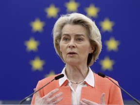 President of the European Commission Ursula von der Leyen delivers her speech as part of the preparation of the European Council meeting of March 21-22 2024, Tuesday, March 12, 2024 in Strasbourg, eastern France.
