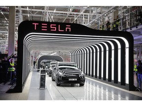 Teslas at a manufacturing plant in Gruenheide, Germany.