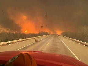 A view of the Smokehouse Creek fire from a fire truck in the Texas panhandle. Photographer: Greenville Firefighter Association/Getty Images