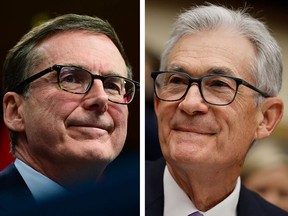 Bank of Canada governor Tiff Macklem, left, and Fed chair Jerome Powell are still keeping their eyes on inflation.