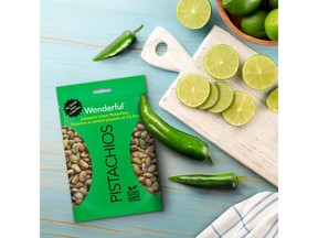 Wonderful Pistachios today announces Jalapeño Lime as its newest fiery flavour joining Wonderful's award-winning No Shells lineup in Canada. These spicy-but-not-too-spicy pistachios are the perfect balance of jalapeño pepper, sea salt and a tangy twist of lime that offers the perfect guilt-free, great tasting snack.