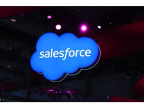 A Salesforce.Com Inc. logo sits on an illuminated icloud lightbox hanging from the ceiling at the CeBIT 2017 tech fair in Hannover, Germany, on Sunday, March 19, 2017. Leading edge technologies in the digital world are showcased in this annual event which runs March 20 - 24. Photographer: Bloomberg/Bloomberg