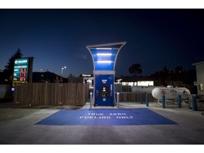 A hydrogen fueling pump stands at a TrueZero station stands at dusk in Mill Valley, California, U.S., on Friday, Feb. 23, 2018. California is spending more than $2.5 billion in clean energy funds to accelerate sales of hydrogen and battery vehicles. That includes $900 million earmarked to complete 200 hydrogen stations and 250,000 charging stations by 2025.