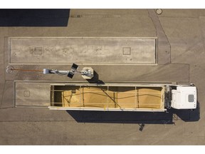 A freight truck stands with a cargo of wheat grain in this aerial photograph before departing the Baywa AG crop processing and storage site in Grossmehring, Germany, on Friday, Aug. 30, 2019. Germany's grains harvest and wheat quality will increase from a drought-hit crop in 2018, and river conditions have also improved for European barge shipments.