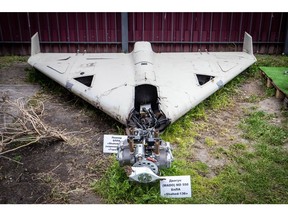 The remains of a Shahed-136 in an exhibition of Russian drones and missiles used to attack Kyiv. Photographer: Oleksii Samsonov /Global Images Ukraine/Getty Images