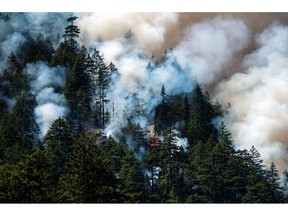 Smoke rises from the Cameron Bluffs wildfire near Port Alberni, British Columbia, Canada, on Tuesday, June 6, 2023. The BC Wildfire Service has warned of a difficult June with continued high temperatures and a dryer than normal May. Photographer: James MacDonald/Bloomberg