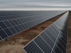 Bifacial photovoltaic solar panels at the Roadrunner solar plant, owned and operated by Enel Green Power, near McCamey, Texas, US, on Friday, Nov. 10, 2023. In just three years, oil-rich Texas has added the solar equivalent of 12 nuclear reactors, putting it on the cusp of surpassing the California as the top producer of electricity from solar farms.