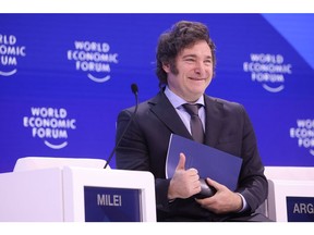 Javier Milei speaks at the World Economic Forum in Davos, Switzerland on Jan. 17. Photographer: Hollie Adams/Bloomberg