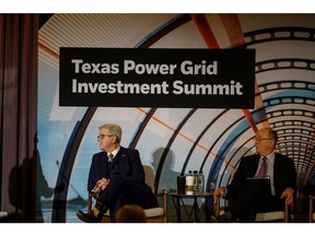 Dan Patrick, lieutenant governor of Texas, left, and Larry Fink, chairman and chief executive officer of BlackRock Inc., at the Texas Power Grid Investment Summit in Houston, Texas, US, on Tuesday, Feb. 6, 2024.