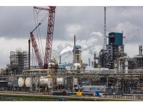 Oil processing and refining structures at the Shell Plc Pernis refinery in Rotterdam, Netherlands, on Sunday, Feb. 11, 2024. Shell Pernis is located in Rotterdam in the heart of Europe's oil-trading hub, with capacity to process around 400,000 barrels of crude a day.