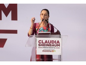 Claudia Sheinbaum speaks during her campaign launch in Mexico City on March 1. Photographer: Victoria Razo/Bloomberg