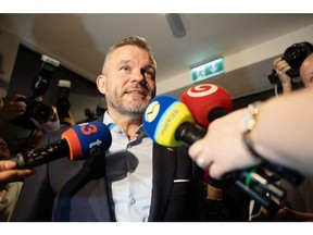 Peter Pellegrini speaks to members of the media during an election night watch party in Bratislava on Saturday.