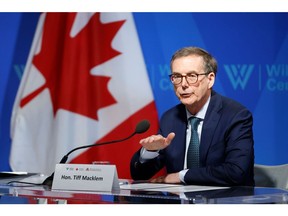 Tiff Macklem, governor of the Bank of Canada, during a fireside chat with Jerome Powell, chairman of the US Federal Reserve, not pictured, at the Wilson Center in Washington, DC, US, on Tuesday, April 16, 2024. The world's biggest bond market remained under pressure, with traders sifting through a slew of remarks from Federal Reserve speakers on speculation that policymakers will be in no rush to cut rates. Photographer: Samuel Corum/Bloomberg