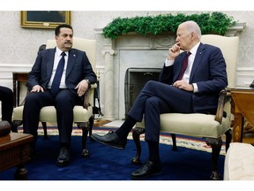 WASHINGTON, DC - APRIL 15: U.S. President Joe Biden speaks during a meeting with Iraqi Prime Minister Mohammed Shia al-Sudani in the Oval Office of the White House on April 15, 2024 in Washington, DC. Biden and al-Sudani intend to speak on Iran's drone strike on Israel over the weekend. Al-Sudani's visit to the U.S. was already arranged last month with the intention to also discuss a range of topics pertaining to economic, trade and energy issues.
