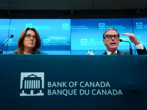 Bank of Canada senior deputy governor Carolyn Rogers and governor Tiff Macklem at a press conference in March.