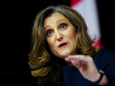 Deputy Prime Minister and Minister of Finance Chrystia Freeland holds a press conference in the media-lockup prior to tabling the Federal Budget in Ottawa on Tuesday, April 16, 2024.