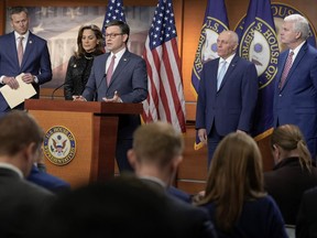Speaker of the House Mike Johnson, R-La., speaks during a news conference on Capitol Hill Wednesday, April 10, 2024, in Washington. Pictured from left are Rep. Blake Moore, R-Utah, Rep. Maria Salazar, R-Fla., Majority Leader Steve Scalise, R-La. and House Majority Whip Tom Emmer, R-Minn.