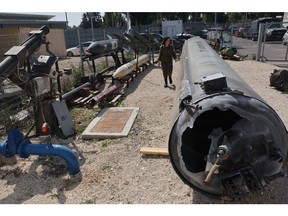 An Iranian missile launched on April 13 on display during an Israeli military media tour in Kiryat Malachi on April 16. Photographer: Gil Cohen Magen/AFP/Getty Images