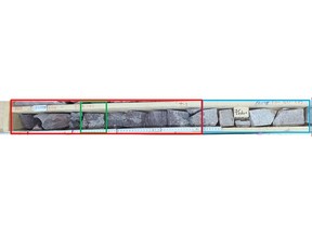 Radioactive split core highlighting the alteration: Red Square is the radioactive core and hematite alteration (1,322CPS with downhole probe), Blue Square is clay alteration associated with stockwork fractures, Green Square is chlorite and clay coated fracture surface.