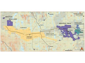 Location map of Shining Tree, Heenan and Mallard J-V Gold projects