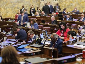 Pennsylvania state representatives held a voting session on Wednesday, April 10, 2024, in the state Capitol in Harrisburg, Pennsylvania. The House voted 146 to 54 to send the Senate a bill to require that consumers be notified when artificial intelligence has been used to generate content.