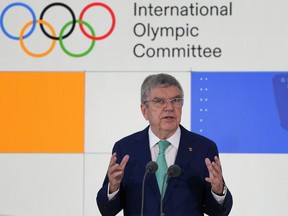 Thomas Bach, IOC President speaks at the International Olympic Committee launch of the Olympic AI Agenda at Lee Valley VeloPark, in London, Friday, April 19, 2024. They will be presenting the envisioned impact that artificial intelligence can deliver for sport, and how the IOC intends to lead on the global implementation of AI within sport.