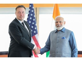 Narendra Modi and Elon Musk meet in 2023. Source: Indian Press Information Bureau/Anadolu Agency/Getty Images