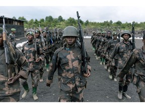 Armed Forces of the Democratic Republic of the Congo (FARDC) training at the Mubambiro camp in North Kivu province, eastern Democratic Republic of Congo, on April 11.