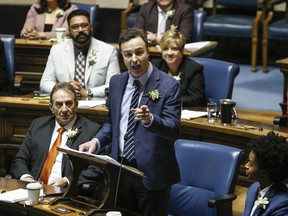 Manitoba Finance Minister Adrien Sala delivers the provincial budget in the Manitoba legislature in Winnipeg.